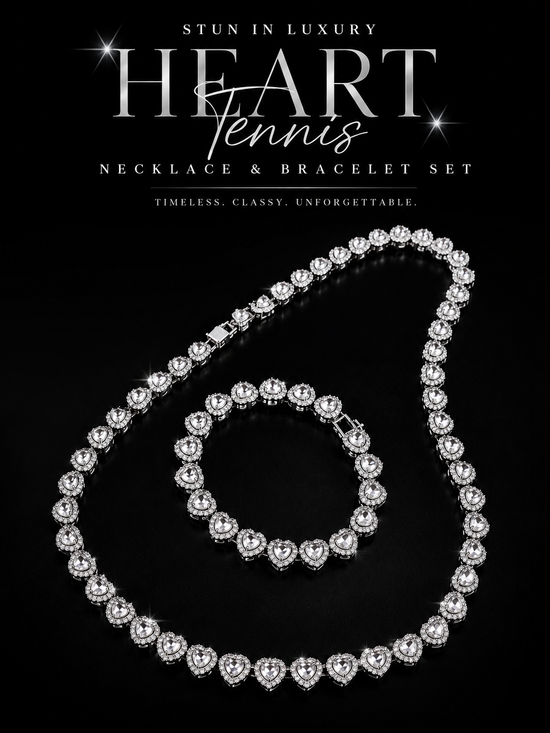 Heart tennis necklace and bracelet set